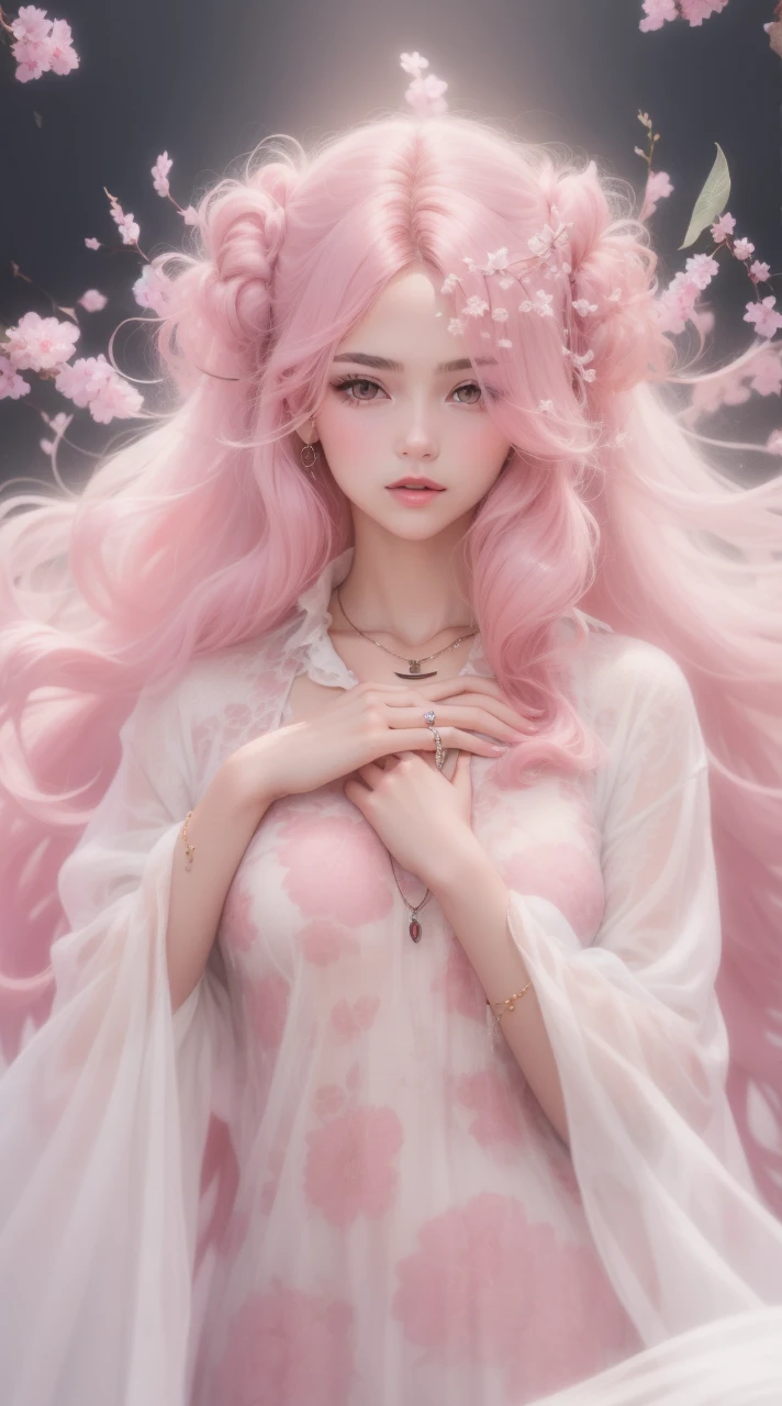 1 girl wearing semi-transparent clothes,portrait,long hair,parted lips,black eyes,looking at viewer,jewelry,ponytail,pink hair,necklace,realistic,simple background,