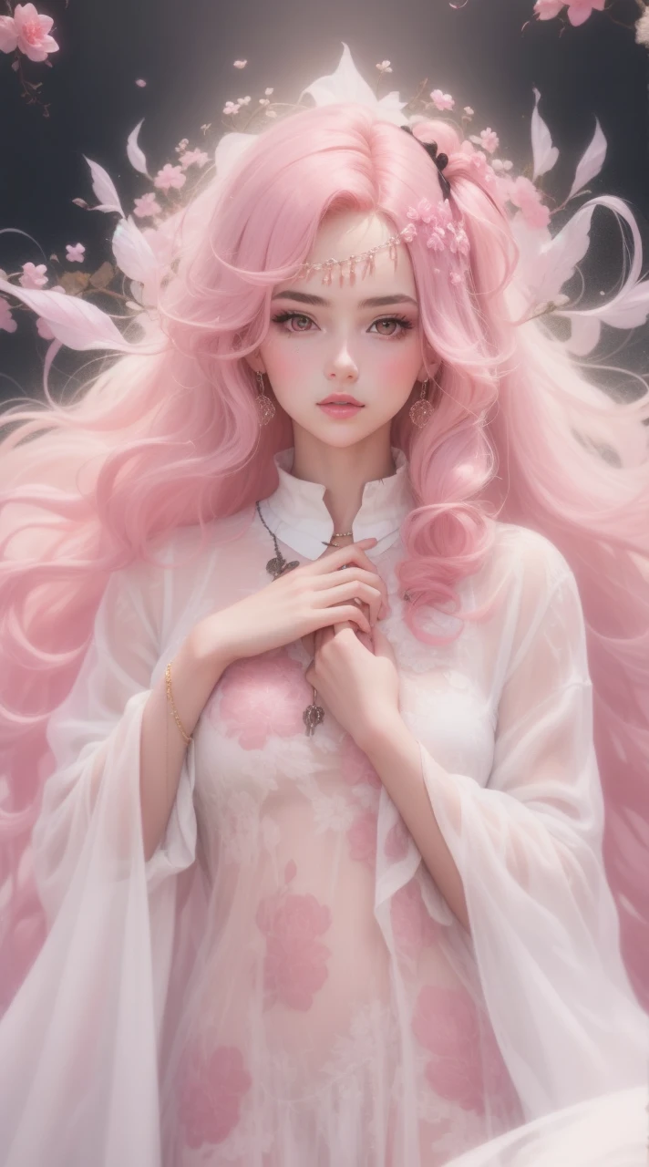 1 girl wearing semi-transparent clothes,portrait,long hair,parted lips,black eyes,looking at viewer,jewelry,ponytail,pink hair,necklace,realistic,simple background,