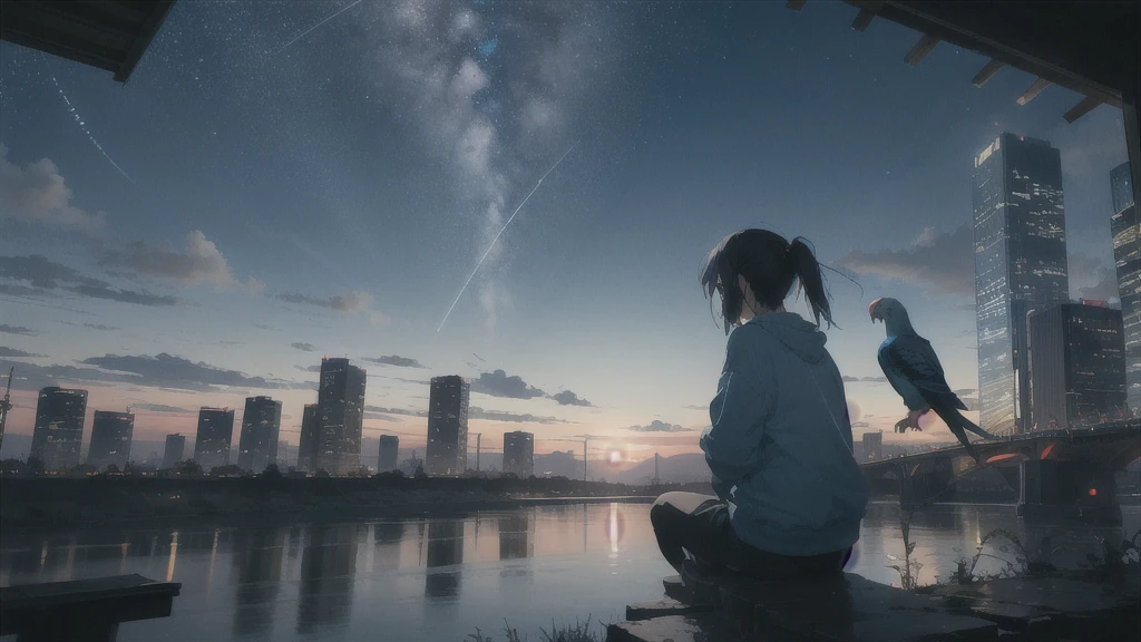 真っ暗なnight空,Octane, star (null), scenery, Blue parakeet,The acoustic guitar is in front of the body.,star, night, One Girl, Back view, alone, Outdoor, city,river,Blue parakeet,building, cloud, 天のriver, Sitting with knees hugged,silhouette