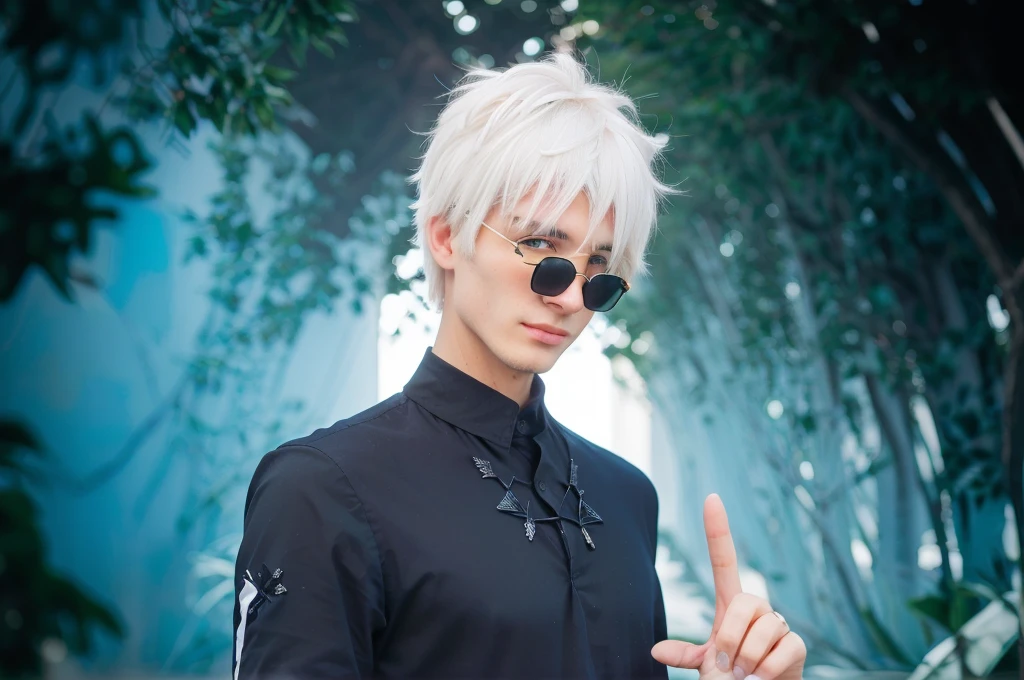close up man, pointing pose, white hair, round black sunglassess, blue eyes, black clothes