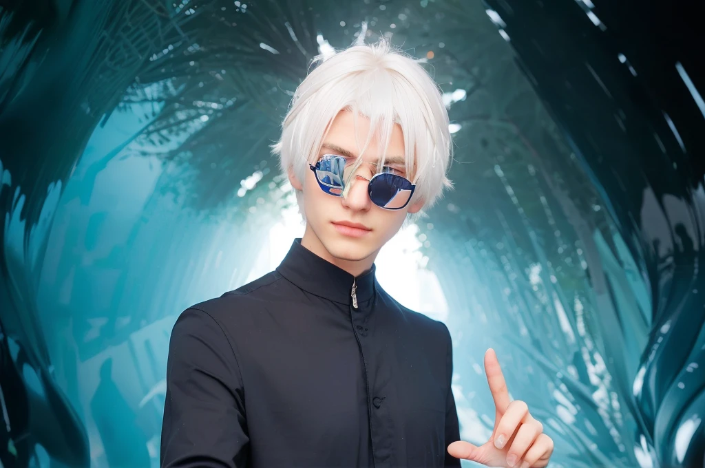 close up man, pointing pose, white hair, round black sunglassess, blue eyes, black clothes