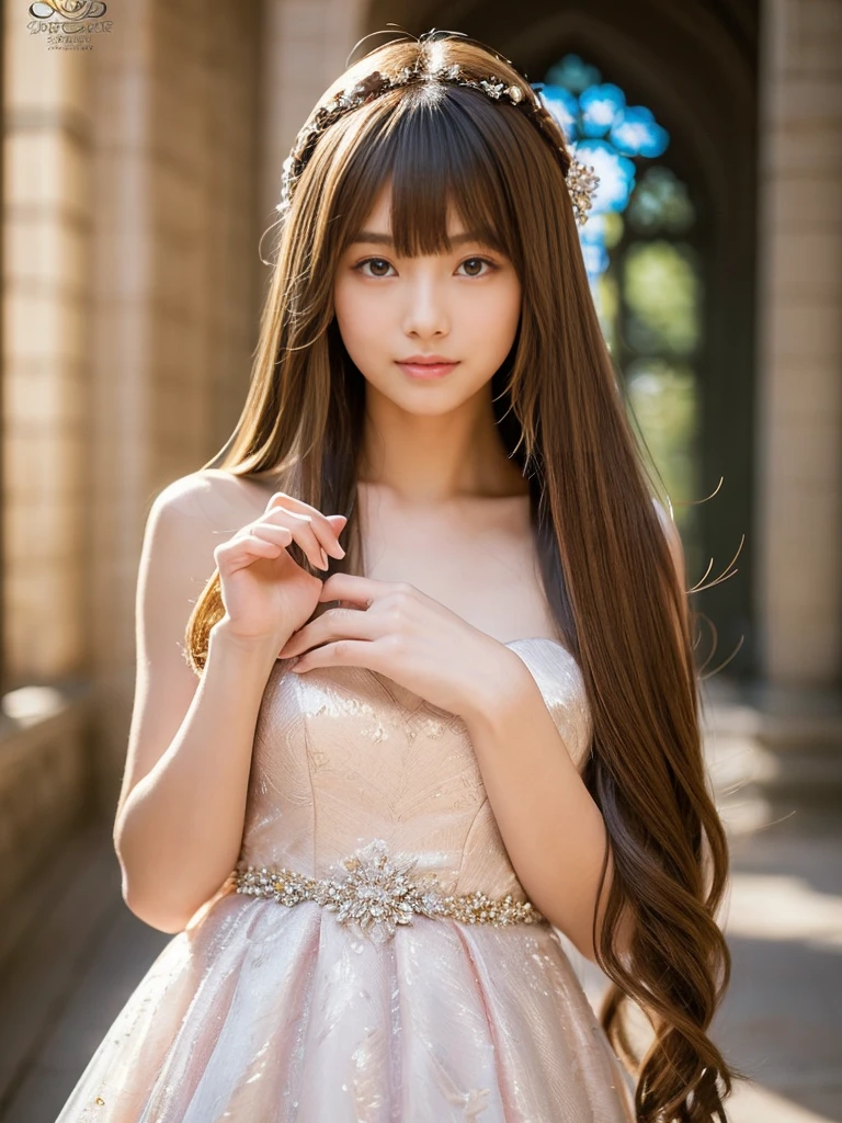 ((whole body))　(big 1.4)　Beautiful Fantasy Girl　((Highest quality)), ((masterpiece)), (Get used to it), Perfect Face　(1 Girl)　(French)　(she is 15 years old、The cutest teen in France.)　((Highest quality)), ((masterpiece)), length blonde hair 　length, 輝く茶colorの髪,Golden Silky Hair, Straight Brown Hair, length blonde straight hair, Perfect Silky Straight Hair, Straight Brown Hair, length blonde hair, sheの髪は長くてまっすぐだ, detailed length 　((big 1.4))　Super Long Hair down to the ankles　((Neat bangs　The neatly trimmed bangs are princess cut and cover the entire forehead......))...　明るい深紅colorの唇　good, Anatomically correct hand　Thin fingers　Anatomically correct5本の指　Sexy professional makeup　Beautiful French girl face, French facial features, Long Hair shiny Long Hair, length, 輝く茶colorの髪, length, Straight Brown Hair, sheの髪は長くてまっすぐだ, Super Long Hair girl, Silky Hair, Brown hair, Silky Hair, length, Flat Hair, Silky texture, Long Hair, length, Flowing brown hair, thin and shiny hair　Anatomically correct、White beautiful human skin and detail of hands and fingers　Beautiful Eyes　Mouth Details　the corners of the mouth rise slightly　Cool look　　(眉毛のcolorは濃い茶colorです)　　(黄color dress posing for a picture, Disney Portraits, tumbler, What it is？, wearing organza gown, dressed beautiful gown, lady using 黄color dress, color: 黄color, A woman wearing a sparkly floral dress, elegant 黄color skin, gown, Fantasy Dress, Formal Wear, light 黄color　beautiful gown, 黄color theme　)　(A church with high quality stained glass..)　(she&#39;Random Pause)　(Random model standing pose)、Dressed in a white tank top、ヒップオーバーのLong Hair、太ももまであるLong Hair