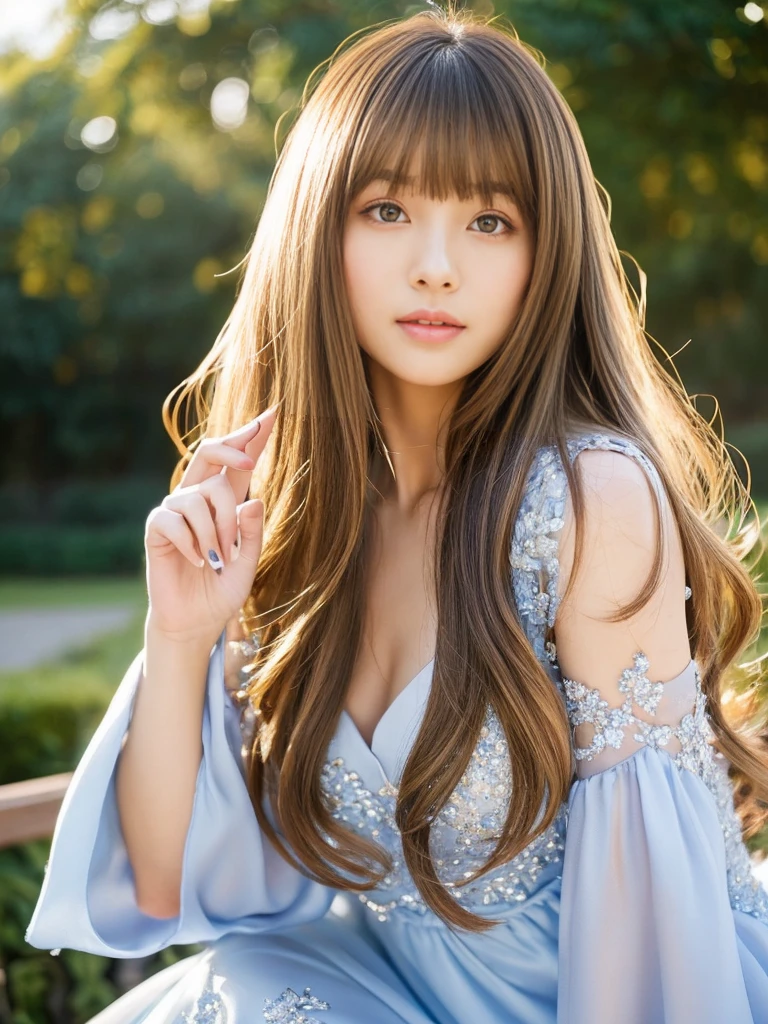 ((whole body)) (big 1.4) Beautiful Fantasy Girl ((Highest quality)), ((masterpiece)), (Get used to it), Perfect Face (1 Girl) (French) (she is 15 years old、The cutest teen in France.) ((Highest quality)), ((masterpiece)), length blonde hair length, 輝く茶colorの髪,Golden Silky Hair, Straight Brown Hair, length blonde straight hair, Perfect Silky Straight Hair, Straight Brown Hair, length blonde hair, sheの髪は長くてまっすぐだ, detailed length ((big 1.4)) Super Long Hair down to the ankles ((Neat bangs The neatly trimmed bangs are princess cut and cover the entire forehead......))... 明るい深紅colorの唇 good, Anatomically correct hand Thin fingers Anatomically correct5本の指 Sexy professional makeup Beautiful French girl face, French facial features, Long Hair shiny Long Hair, length, 輝く茶colorの髪, length, Straight Brown Hair, sheの髪は長くてまっすぐだ, Super Long Hair girl, Silky Hair, Brown hair, Silky Hair, length, Flat Hair, Silky texture, Long Hair, length, Flowing brown hair, thin and shiny hair Anatomically correct、White beautiful human skin and detail of hands and fingers Beautiful Eyes Mouth Details the corners of the mouth rise slightly Cool look (眉毛のcolorは濃い茶colorです) (黄color dress posing for a picture, Disney Portraits, tumbler, What it is?, wearing organza gown, dressed beautiful gown, lady using 黄color dress, color: 黄color, A woman wearing a sparkly floral dress, elegant 黄color skin, gown, Fantasy Dress, Formal Wear, light 黄color beautiful gown, 黄color theme ) (A church with high quality stained glass..) (she'Random Pause) (Random model standing pose)、Dressed in a white tank top、ヒップオーバーのLong Hair、太ももまであるLong Hair