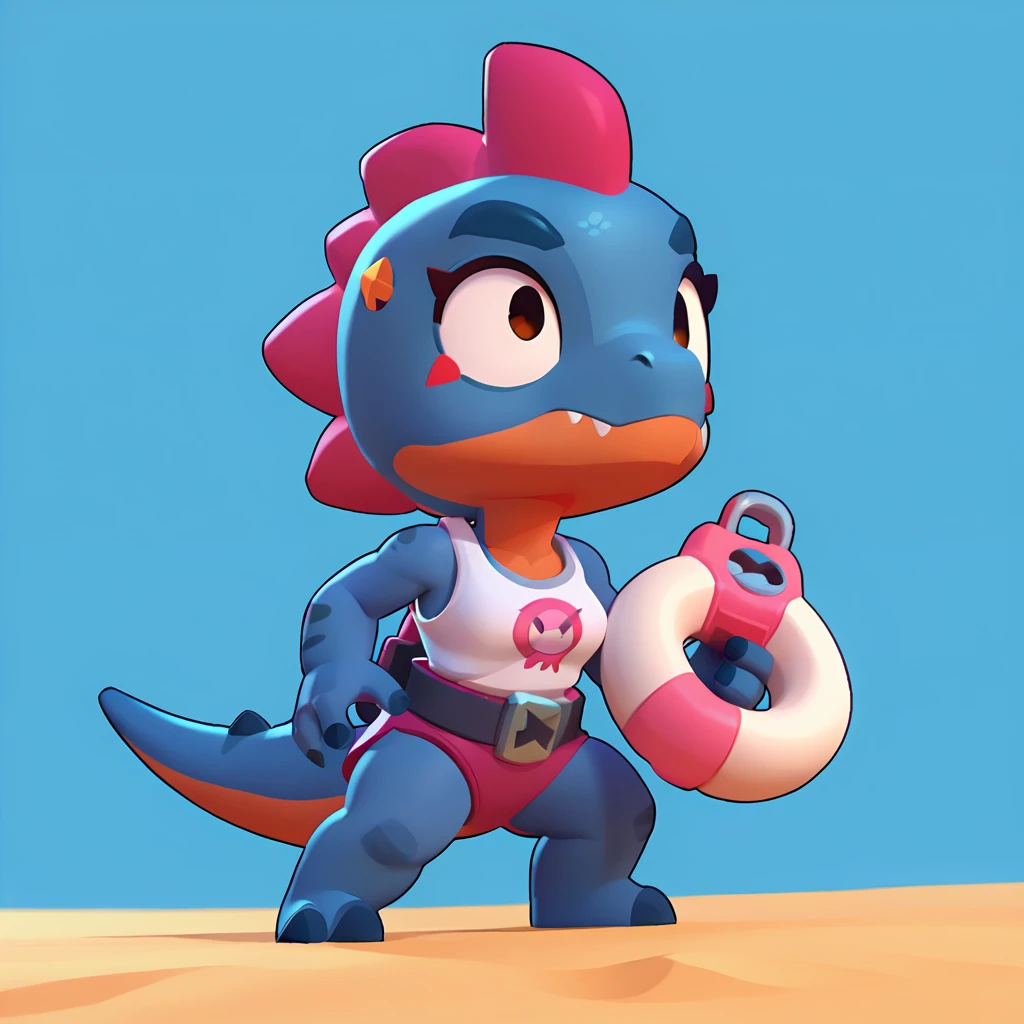 full view of a dinosaur, female, dark blue skin, friendly dinosaur, having pink and white buoy, dinosaur animal, brawl, brawl stars