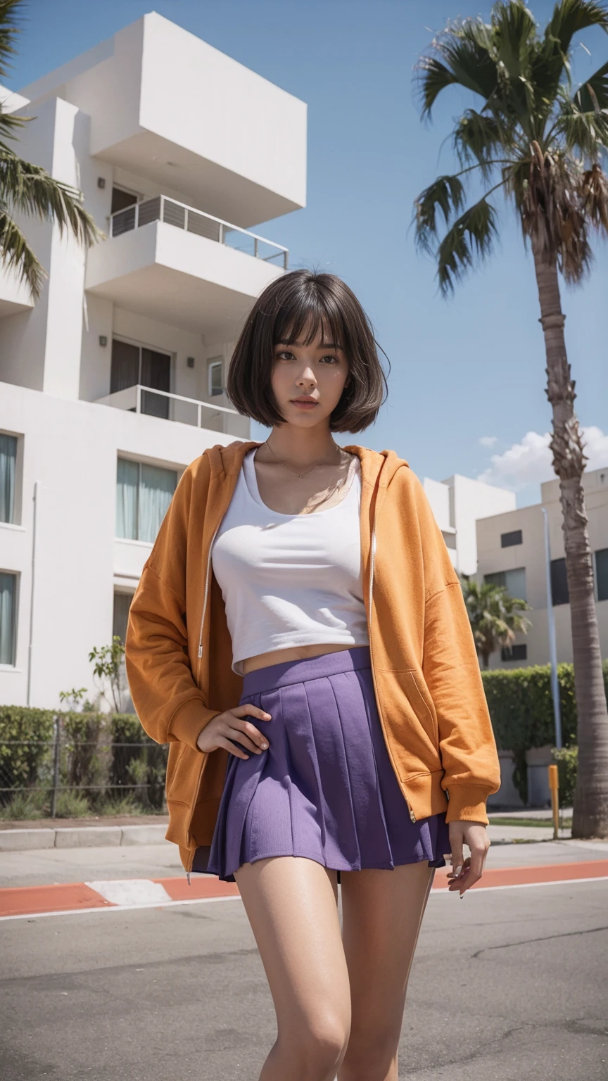 long shot portrait of cute 23 yo girl, (natural breast) ,wear ((orange color oversized hoodie)), wear ((purple tennis skirt)),looking front,Best Quality,Masterpiece,Ultra High Resolution,(Realisticity:1.4),Original Photo, 1Girl, light leak,ultra high resolution,UHD,beautiful, (black bob hair), almond eye, no makeup, in front of (80's mondrian architecture motel), (realistic:1.2), (surreal:1.3), (very detailed:1.1), ((masterpiece)),summer, blue sky, palm trees,sunny, los angles vibes,film camera, 800mm lens,style of Philip Lorca diCorcia