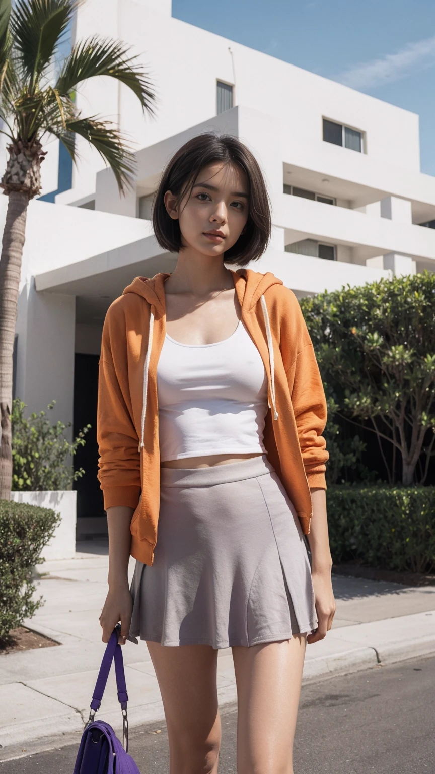long shot portrait of cute 23 yo girl, (natural breast) ,wear ((orange color oversized hoodie)), wear ((purple tennis skirt)),looking front,Best Quality,Masterpiece,Ultra High Resolution,(Realisticity:1.4),Original Photo, 1Girl, light leak,ultra high resolution,UHD,beautiful, (black bob hair), almond eye, no makeup, in front of (80's mondrian architecture motel), (realistic:1.2), (surreal:1.3), (very detailed:1.1), ((masterpiece)),summer, blue sky, palm trees,sunny, los angles vibes,film camera, 800mm lens,style of Philip Lorca diCorcia