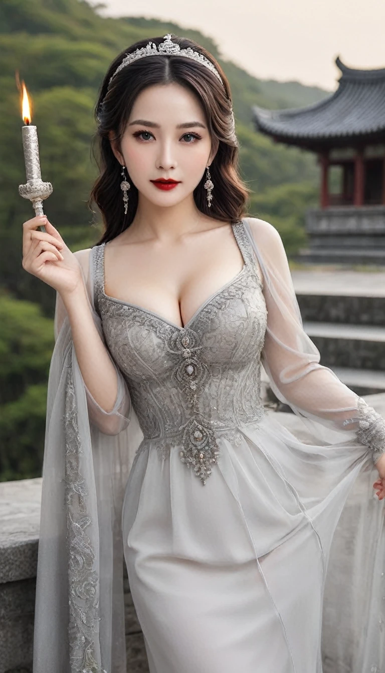 (((Sexy Woman)))、((Very beautiful 30 year old white woman))、(((Big big cleavage)))、witch、ブロンドのMature witch、Plump figure、smile、Middle-aged beauty 、Very delicate and delicate skin texture、Mature witch、{(Ancient ornate and luxurious temple)、(Many torches are burning)}、Red lips、Beautiful scarlet eyes、(((Gorgeous and glamorous silver outfit and luxurious accessories)))、I have a shiny platinum wand、