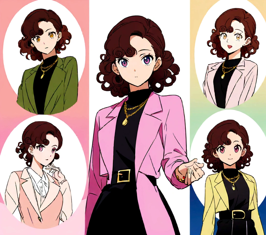 Create an anime-style illustration based on the provided image. The illustration should feature a stylish model with curly hair, wearing a light pink blazer with gold chain accessories. The model should be depicted in multiple poses, similar to the original image. The background should be a warm, soft tone, and the overall aesthetic should be fashionable and modern. Ensure the anime style captures the model's expressive eyes, smooth skin, and stylish demeanor. Include text at the bottom: 'MEET FASHION CLOTHING COLLECTION - Find the perfect outfit at reallygreatsite.com' in elegant anime-style font.
