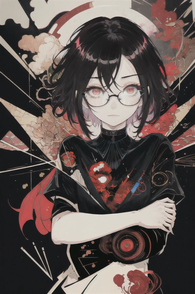 ((Highest quality)), (((masterpiece))), (High resolution), original,Glasses、Glasses、rain、rain、 Highly detailed 8k wallpaper, (Very delicate and beautiful),((Highest quality)),Limited edition palette, style style style Black choker around the neck、Black T-shirt、style gird, (style:(style:1.5)(style:1.5)1.5), Limited edition palette,[flat_stylechest, black style eyes, long style red hair, Black choker around the neck、Black choker around the neck、Black T-shirt、style eyes,浮かぶBlack T-shirt), feather over style]style, (Double exposure:1.3),(Glitch Hair+++),(Glitch meets dark hair),[Very delicate and beautiful girl who with scarf,feather],(Beautiful and detailed red eyes),world masterpiece theater,whole body,cyber punk,、Yellow backgroundﾍﾞｰｽIn color