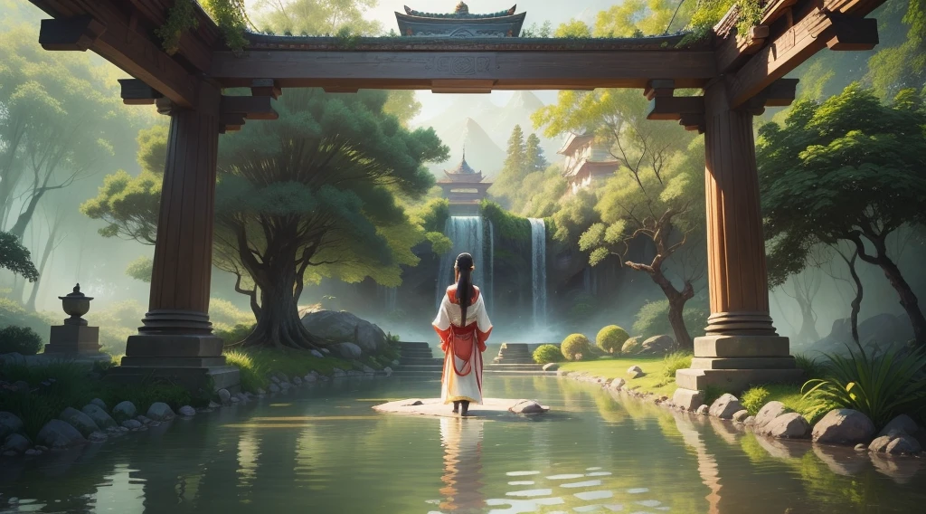 Create a captivating and visually stunning cover for a video with ambient music. The cover should be a masterpiece that not only attracts attention but also tells an intriguing story. The scene features a girl with a long braid, dressed in traditional oriental clothes, shown in full length from a distance. She stands gracefully, looking towards the horizon, evoking a sense of peace and contemplation. In the background, a serene temple rises majestically, surrounded by lush greenery and natural beauty. A calm body of water reflects the temple and the surrounding nature, enhancing the tranquil atmosphere. The soft, ambient light bathes the scene in a mystical glow, creating an ethereal and inviting mood. The composition should be designed to be highly clickable, drawing viewers in with its enchanting and serene visual narrative, promising a visually and emotionally engaging experience that will captivate millions of YouTube viewers