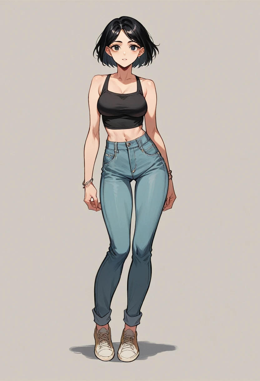 A girl named Hoa is charming and cute, wearing sexy mesh pants, black hair, charismatic face, full length, shiny background.
