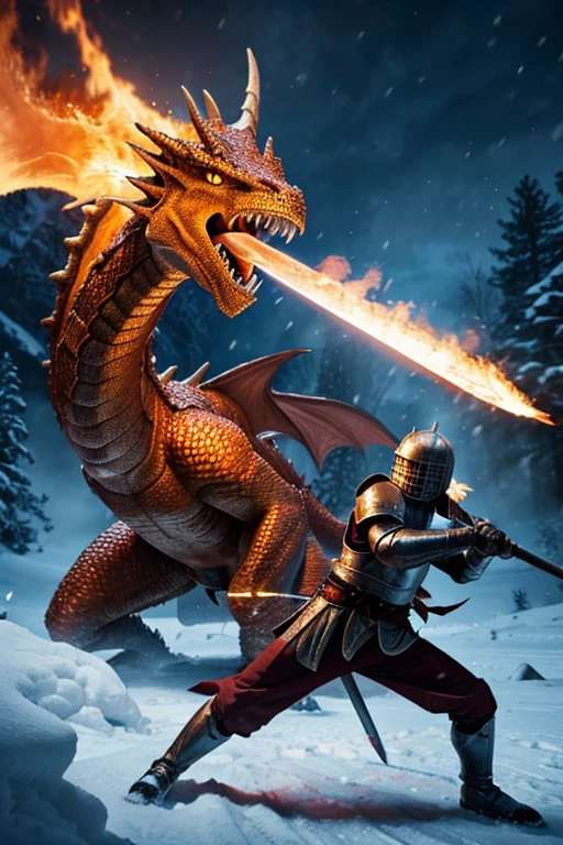 A young knight with a flaming sword is fighting a giant snow-breathing dragon
