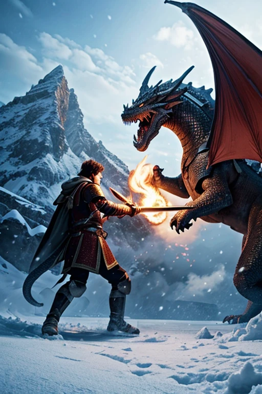A young knight with a flaming sword is fighting a giant snow-breathing dragon