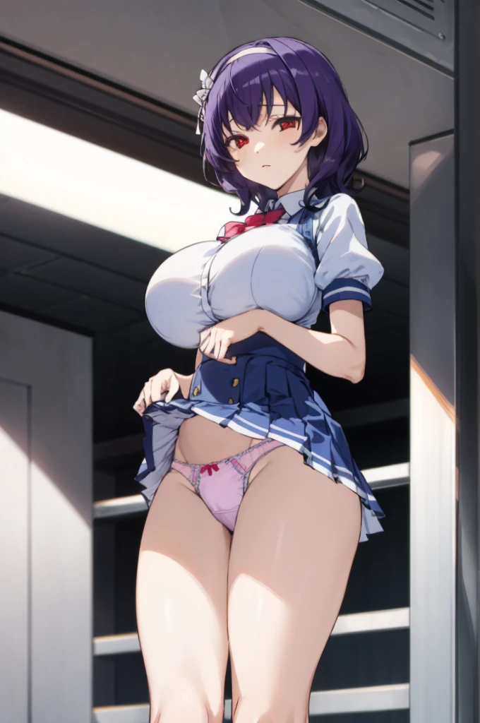 ,1girl, looking at viewer,
yamanobe tomo, purple hair, red eyes, medium hair,  , hairband,white shirts, short sleeves, blue skirt, high waist skirt,,(((huge breasts))), ,socks,standing,,expressionless,nsfw,indoor,(((lift skirt,panties)))