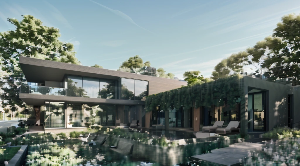 ((Zero Energy Building)), ((green building)), ((many trees facade)), ((townhouses)), RAW photo, (high detailed skin:1.2), 8k UHD, DSLR, soft lighting, high quality, film grain, Fujifilm XT3, realistic, wide angle, ((vray)), render, detailed, tropical plants, clear image, high reflection, daylight, spring light, soft light, many trees background, the exterior of the house, facade, high building, 10-story building, townhouse,