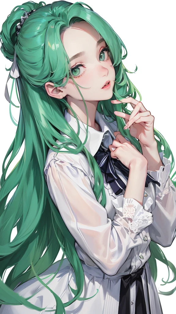 (Top resolution、Distinct_image)top-quality、femele、​masterpiece、highly detailed、Semi-realistic、green  eyes、18year old、young、smart Casual clothing、Exquisite facial features、Facial features、unique hairstyle, variations, potrait, white background