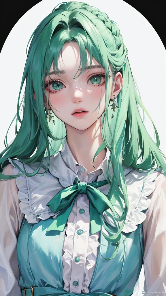 (Top resolution、Distinct_image)top-quality、femele、masterpiece、highly detailed、Semi-realistic、green eyes、18year old、young、smart Casual clothing、Exquisite facial features、Facial features、unique hairstyle, variations, potrait, white background