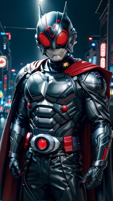 (8k),(masterpiece),(Japanese),(8--old ),((innocent look)),((Childish)),From the front,smile,cute,Innocent,Kind eyes,Flat chest, black helmet, black domino mask, red cape, Thor,Bald,No Hair, Henshin Pose,night,dark, Neon light cyberpunk city,Kamen rider,camisa