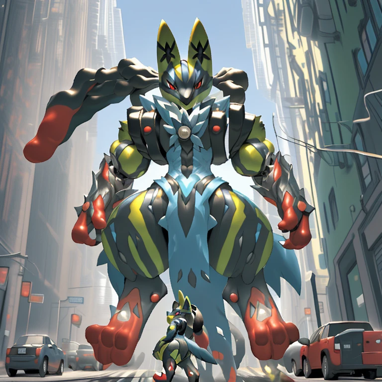 (masterpiece. official art. 8k. best quality. detailed full body. full body.)
(situation 1 : dominating mega lucario. focus GIANT mechanical Muscular mega lucario is trampling the CITY. macro. stomp. Low-angle perspective. emphasizing the immense size. The perspective is from below, emphasizing the sheer majesty and power of the Giant. giant art. He is much bigger than a skyscraper. Giga Giants. micro soccer field. looking down.)
(situation 2 :smoke and flames rising from the destruction in the city)
(Additional details 1: wearing a full-face helmet. high-tech bio-mecha armor. real texture material. whole body shines like metal. Wearing cyberpunk mecha. emphasizes the muscles. suit fully made of metal. intricate armor. Robotic suit. suit fully made of metal. cyborg. Powered exoskeleton with the same design as mega lucario).
(Additional details 2: (Detailed head. Detailed Body. Detailed abs. gigantic muscles. HYPER MUSCLES. Gigachad Muscular. big muscle. pecs. triceps. traps. unusually developed muscular body. body full of huge muscles. showing off muscles. pectorales enormes. Exaggeratedly huge muscles. huge muscles. long legs.).