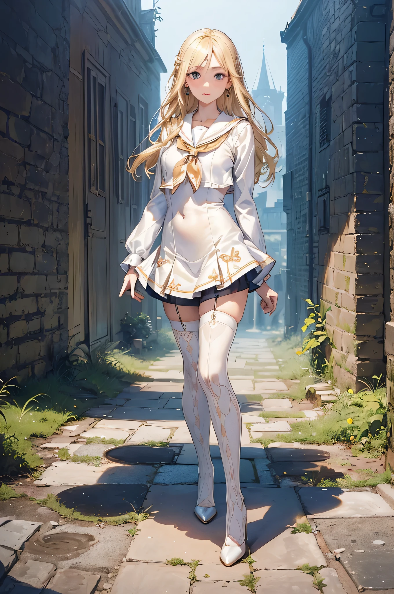 ((Biologically correct limb count)),(( From head to toe,Full-body photo including face)),4K,((Standing position)),masterpiece,((Focus on the face)),((Symmetrical facial features)),Eyes with detailed description,Beautiful woman,Great style,Beautiful arms,Beautiful legs,Beautiful Hands,(Small Ass,Thin thighs),Facial detailing,Small earrings,necklace,(Sailor suit,mini skirt((High heels,Patterned stockings))),((Standing in front of an old castle in the daytime sun, looking up)),Silk gloves,(((Blonde))),(Thick fog),Realistic photo