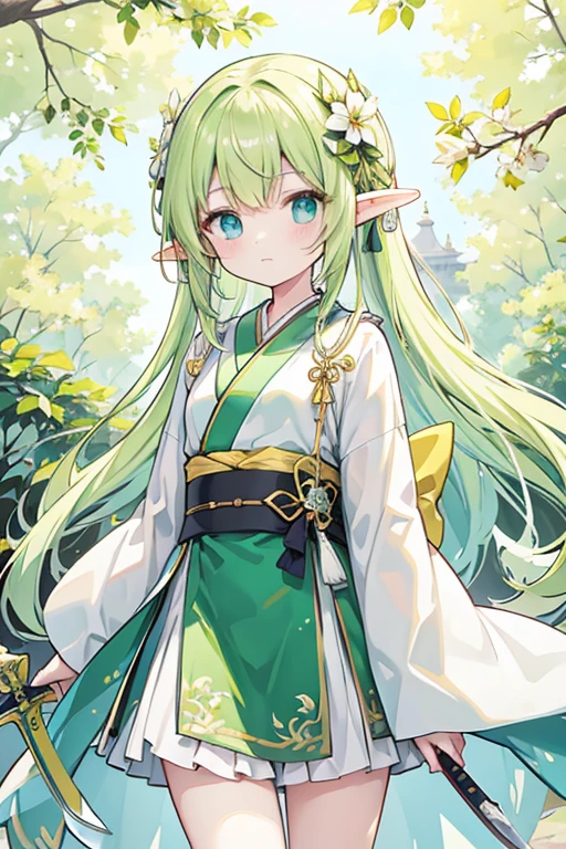 Elf、girl、Pale yellow-green、On the tree、Different world、Swordsman、knife、kimono