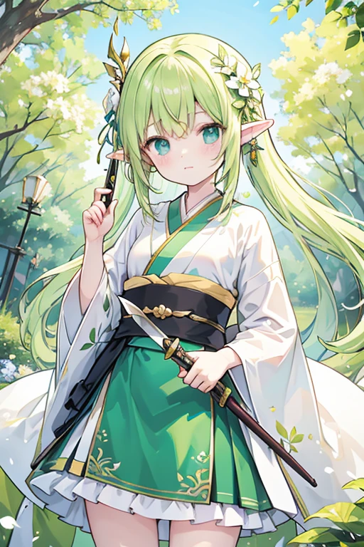 Elf、girl、Pale yellow-green、On the tree、Different world、Swordsman、knife、kimono