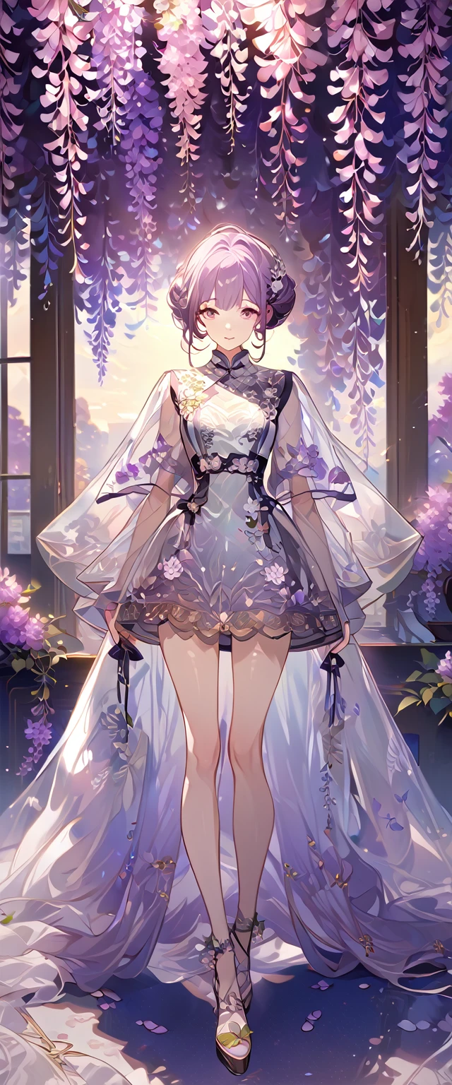 wisteria flower, wisteria tree, wisteria background, 8k ,4k , best quality, high quality, masterpiece, transparent clothes, embroidery  clothes, big , inspired by Asukaziye artist : ask, art style : ask