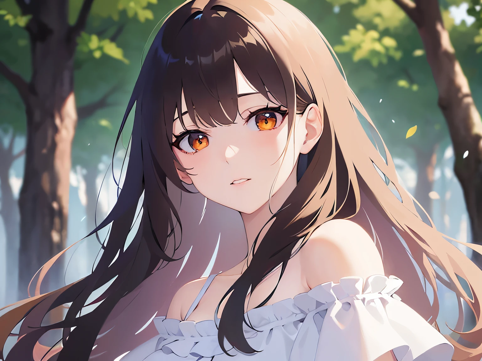  looking at viewer, upper Body,Realistic, real person, (pale skin: 1.2), RAW photo, photorealistic, shiny skin, shiny hair、 (A 25-year-old woman with medium-length hair and bangs) and (wavy hair) and (brown hair) and (orange eyes) smile,  (white) and (off shoulder blouse), The background is a flower field,Smiling