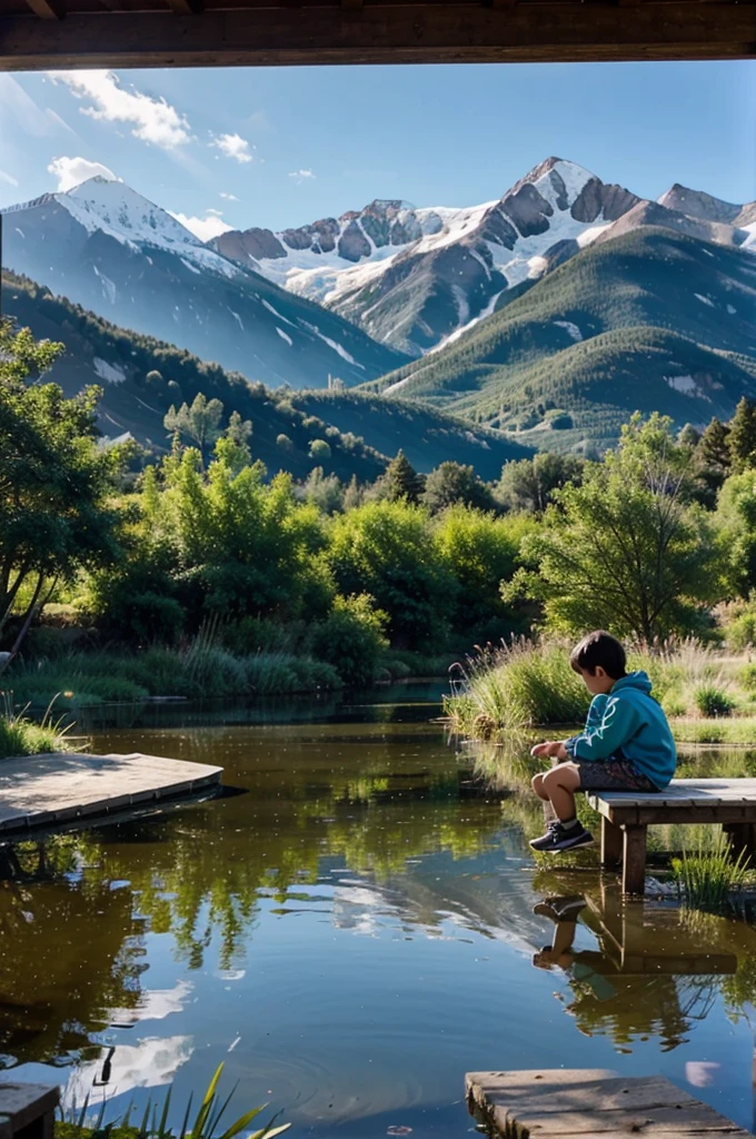 a kids sits by a pond filled with fish and views of the mountains