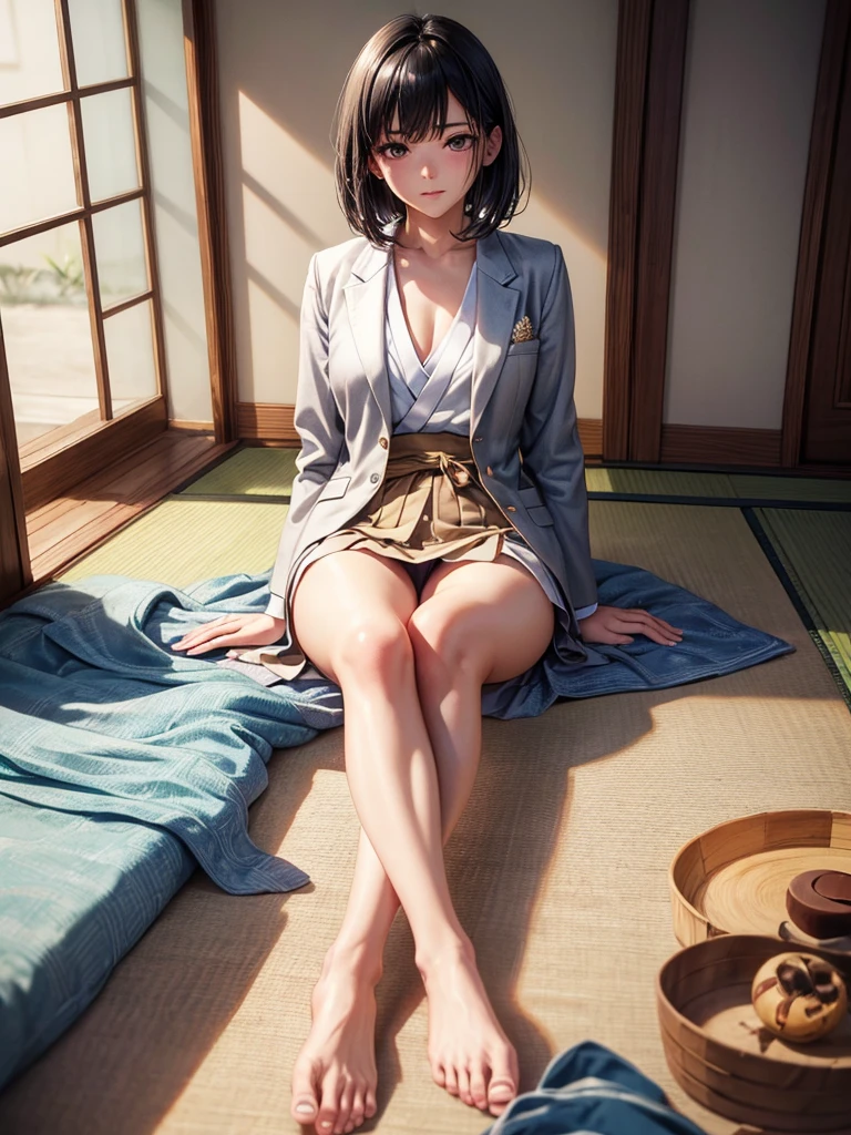 Realistic, Realistic, Like the picture, Realistic, 8K, High resolution, Perfect Face,Proper body balance, Ultra-high quality output images, High resolution, Intricate details, Very delicate and beautiful, Very detailed, Caustics, , 驚くほどcute, (masterpiece:1.2, Highest quality), ((barefoot)), Depiction of the correct foot, How to draw toes correctly, How to paint your nails correctly, Emphasize the legs, Sitting, Japanese-style room, short hair, Black Hair, blush, Japanese , blazer, Sitting cross-legged、cute