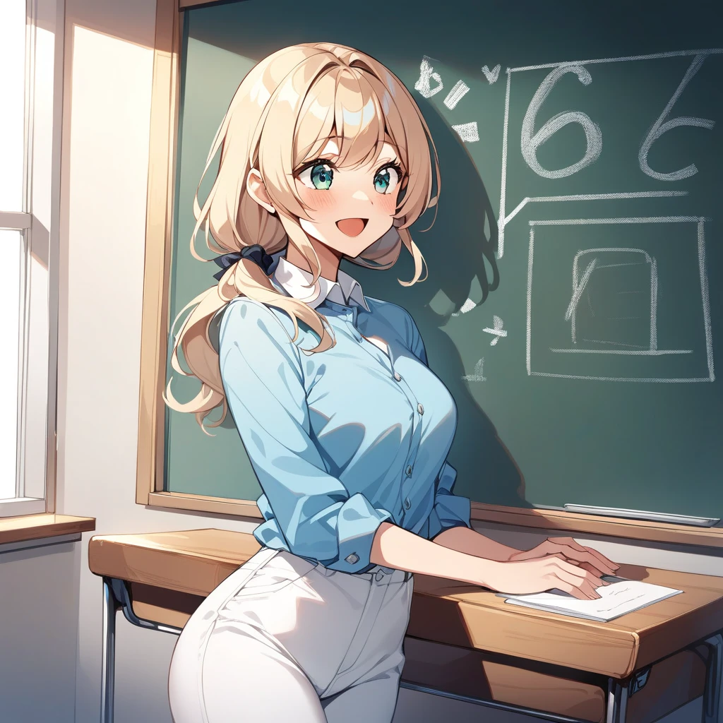 One girl,alone,smile,Open your mouth,Cowboy Shot,Ellen Baker,teacher,blackboard,classroom,Highest quality,Light blue clothes,On the lectern,M-shaped legs,White pants