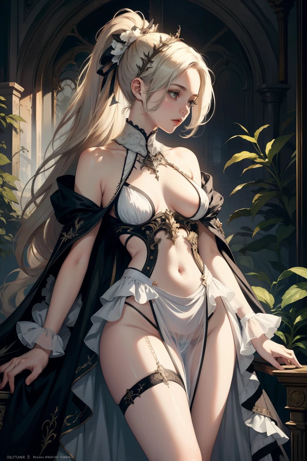 ((best quality)), ((masterpiece)), (detailed), 1girl, NSFW, small breasts, prominent collarbones, skinny arms, flat stomach, visible hip bones, long hair, various hair colours, ponytail, thick ponytail, heavy ponytail, red and white clothing, Bloodborne inspired, occult aesthetic, occult, detailed and intricate steampunk and detailed gothic, NSFW Fluttering lace flared dress with frilly petticoats, pleated petticoats
