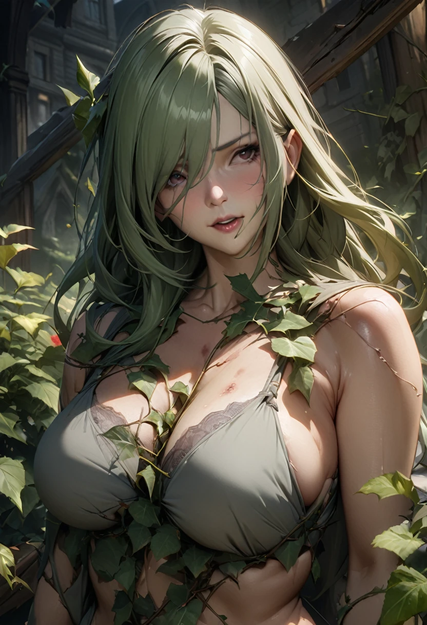Beautiful mature woman,(High resolution,8k wallpaper,masterpiece,Highest quality,Depth of region,Anatomically accurate depiction),Plant-controlling elves battle zombies,Ivy entwining around the body,