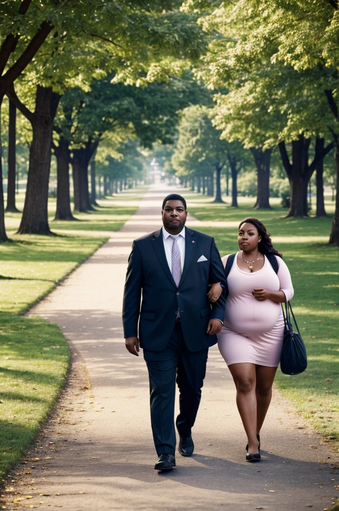 Create an image of a man and a woman, walking through a town park, with very fat bodies and apparent wealth, and the park is full of garbage