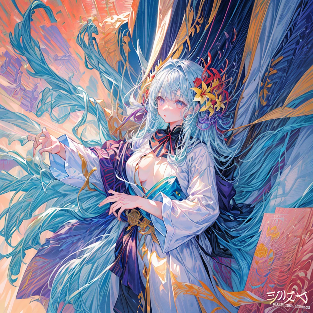 1girl,(((Highest quality、Official Art、The best composition、Masterpiece、Award-winning works)))、Serious expression、The moment the Japanese sword is swung down、ダイナミックなThe best composition、Super huge、detailed、whole body、Plumeria flower petal fractal art、hologram、An aura surrounds the person、hideo minaba,