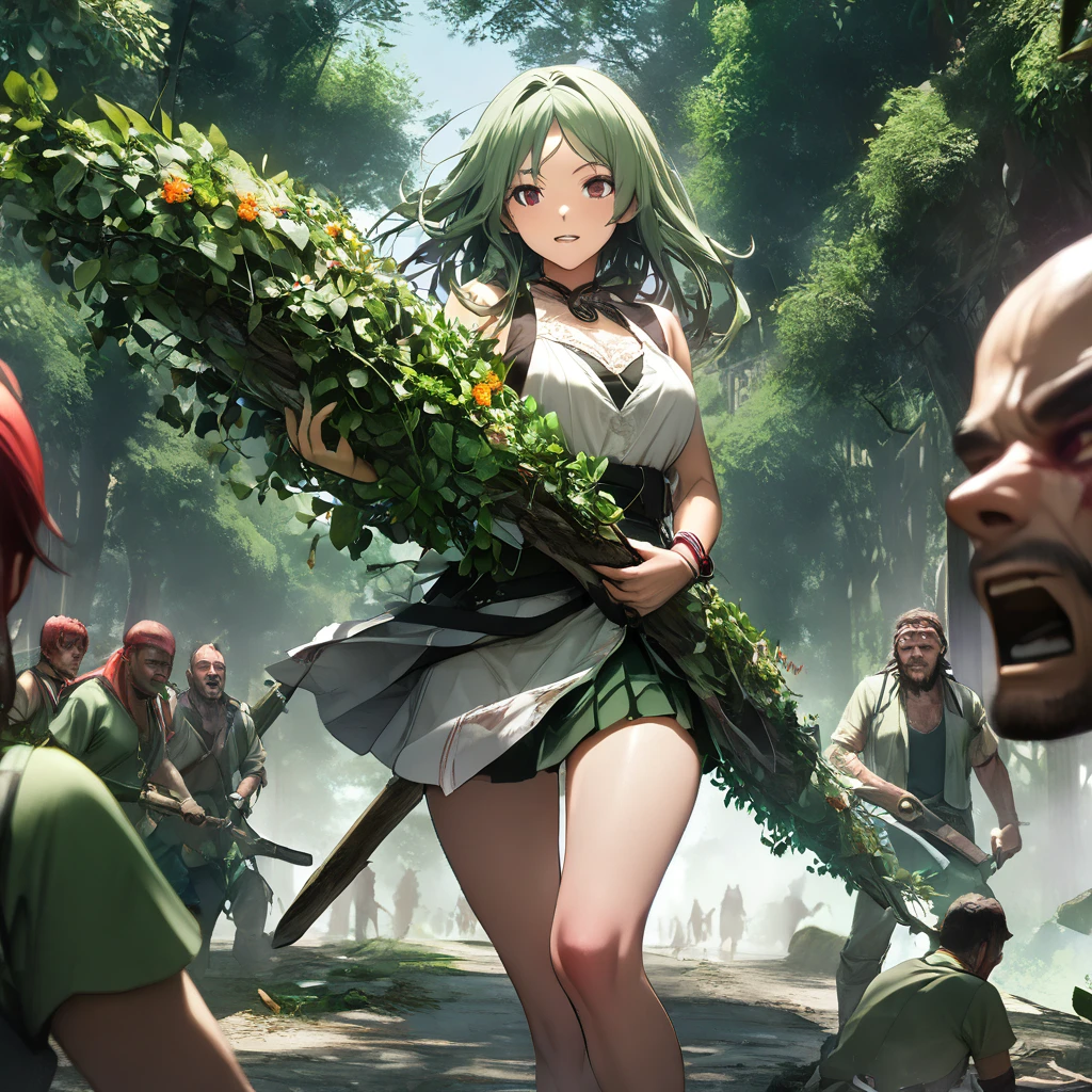 Beautiful mature woman,(High resolution,8k wallpaper,masterpiece,Highest quality,Depth of region,Anatomically accurate depiction),Plant-controlling elves battle zombies,Ivy entwining around the body,