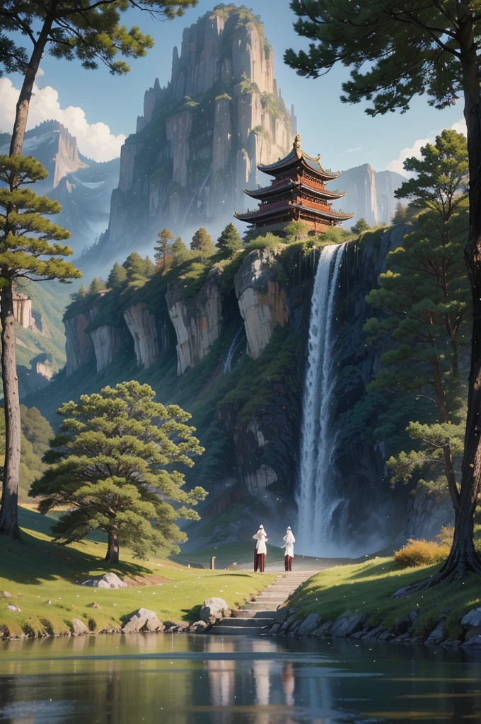 Create a captivating and visually stunning cover for a video with ambient music. The cover should be a masterpiece that not only attracts attention but also tells an intriguing story. The scene features a girl with a long braid, dressed in traditional oriental clothes, shown in full length from a distance. She stands gracefully, looking towards the horizon, evoking a sense of peace and contemplation. In the background, a serene temple rises majestically, surrounded by lush greenery and natural beauty. A calm body of water reflects the temple and the surrounding nature, enhancing the tranquil atmosphere. The soft, ambient light bathes the scene in a mystical glow, creating an ethereal and inviting mood. The composition should be designed to be highly clickable, drawing viewers in with its enchanting and serene visual narrative, promising a visually and emotionally engaging experience that will captivate millions of YouTube viewers