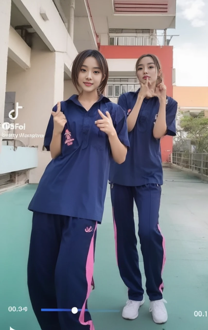 (best quality,10,10,height,Masterpiece:1.2),Special details,(realistic,Realistic picture,Realistic photos:1.37),1 Cute girl in the kitchen,shiny, skin shiny,only,smile softly,BDclothelue shirt:1.3)),short sleeve,shirt, Long pants.,(navy_long_track pants:1.1), ((Kitchen Background)),Dynamic angle,excited,Face focus,dynamic poses,from behind,focus on ass,Masterpiece, best quality, ultra realistic, Too many details, 8k resolution, raw photos, Sharp focus, ((Navy blue shirt:1.1)), short sleeve, long route, perfect body, 2 mature women, 18 years old, Cinema-grade lighting system,blue sweatpants,exercise cloth,correct anatomy,perfect body, correct body, Sharp face, Correct body anatomical, full body, realistic gestures, long-haired, realistic poses,Wear long shorts...........................,The legs are long.,Good shape,carved girl, Slender figure, model, Good shape, beautiful body,blue sweatpants, two girls kissing
