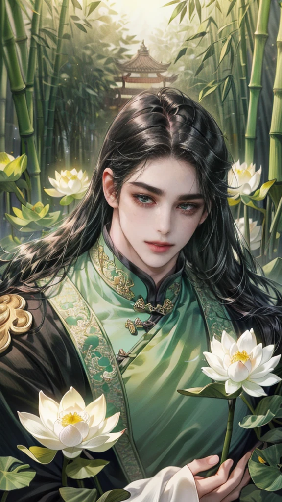 (((best quality))),masterpiece,ultra high resolution,extraordinarily beautiful youth, a bright, innocent smile,All green clothing,(absurdres, highres, ultra detailed, HDR), masterpiece, best quality, (1 boy) , boy character ,((Thick black long hair)),beautiful face,detailed interior, detailed character,((man)),(in bamboo forest), black hair, smile,(white lotus),from anime The Scum Villain's Self Saving System,1man,the house of ancient China style, pure white lotus,beautiful and cute man ,(long black hair),black eyes,((solo man)),(he has a Big eyes, charming lips, slim nose and small face),(slim figures and no muscle),fragile body,Beautiful slender hands,Beautiful fingers