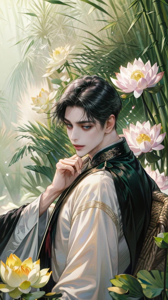 (((best quality))),masterpiece,ultra high resolution,extraordinarily beautiful youth, a bright, innocent smile,All green clothing,(absurdres, highres, ultra detailed, HDR), masterpiece, best quality, (1 boy) , boy character ,((Thick black long hair)),beautiful face,detailed interior, detailed character,((man)),(in bamboo forest), black hair, smile,(white lotus),from anime The Scum Villain's Self Saving System,1man,the house of ancient China style, pure white lotus,beautiful and cute man ,(long black hair),black eyes,((solo man)),(he has a Big eyes, charming lips, slim nose and small face),(slim figures and no muscle),fragile body,Beautiful slender hands,Beautiful fingers