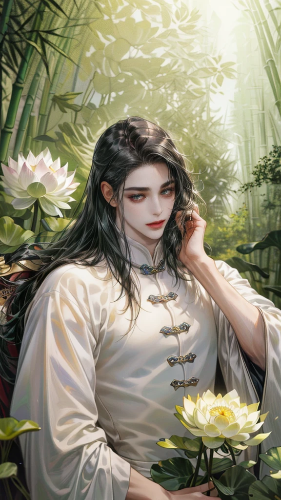 (((best quality))),masterpiece,ultra high resolution,extraordinarily beautiful youth, a bright, innocent smile,All green clothing,(absurdres, highres, ultra detailed, HDR), masterpiece, best quality, (1 boy) , boy character ,((Thick black long hair)),beautiful face,detailed interior, detailed character,((man)),(in bamboo forest), black hair, smile,(white lotus),from anime The Scum Villain's Self Saving System,1man,the house of ancient China style, pure white lotus,beautiful and cute man ,(long black hair),black eyes,((solo man)),(he has a Big eyes, charming lips, slim nose and small face),(slim figures and no muscle),fragile body,Beautiful slender hands,Beautiful fingers