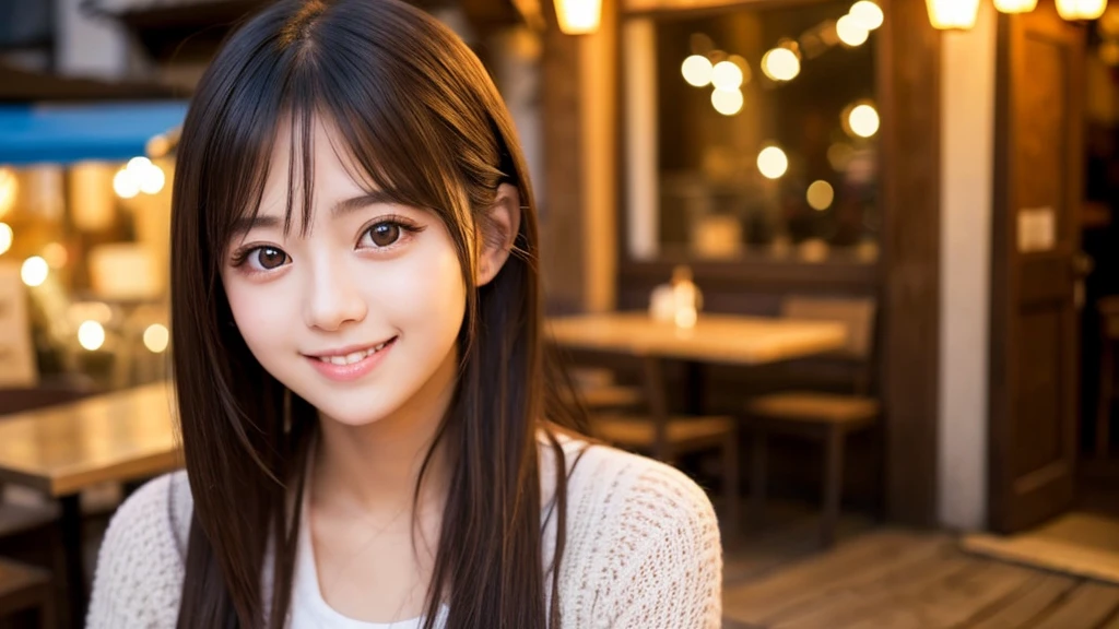 Cute girl working at a cafe terrace　Japanese　１９age　
Professional Lighting　Digital SLR　Beautiful and elaborate face　Perfect and beautiful face　Big eyes Smile