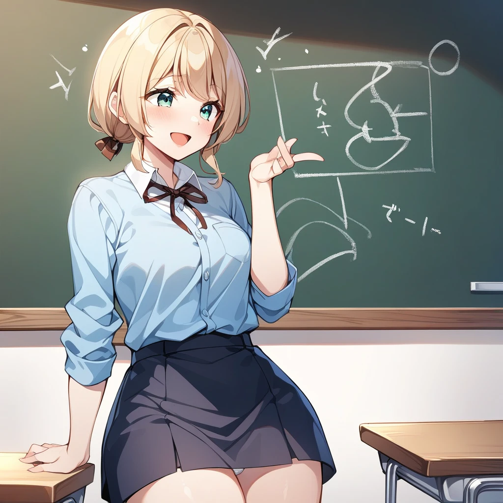 One girl,alone,smile,Open your mouth,Cowboy Shot,Ellen Baker,teacher,blackboard,classroom,Highest quality,Light blue clothes,On the lectern,M-shaped legs,White panties