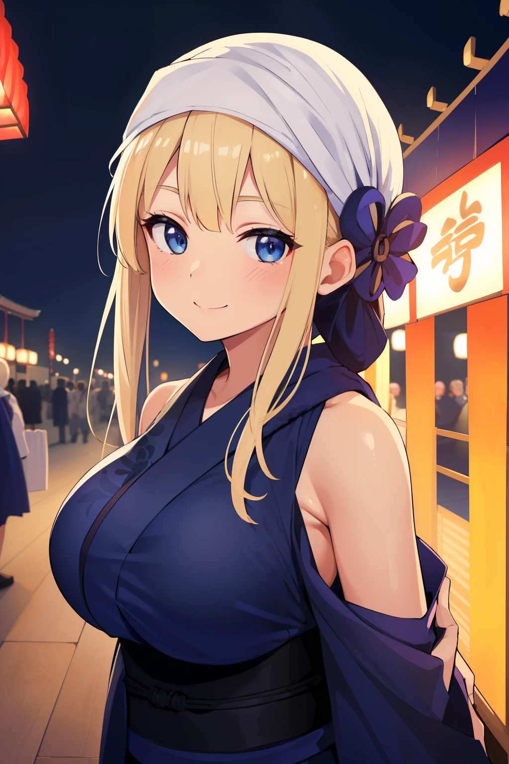 1giil, ((Wrap a white towel around your head)), blonde, blue eyes,((Black yukata)),((Big Breasts:1.2)), smile, Blushing,((Summer Festival at Night)),Looking up,
Looking at the audience, Highest quality, High resolution, unity 8k wallpaper,Upper body portrait,