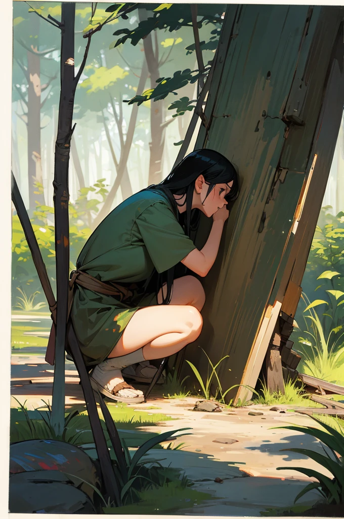 Best image quality, primitive times, Primary forest, woman, Black Hair, squat, paint