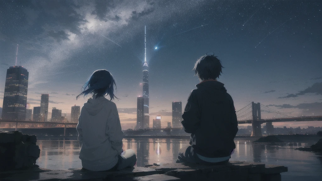 真っ暗なnight空,Octane, star (null), scenery, Blue parakeet,The acoustic guitar is in front of the body.,star, night, One Girl, Back view, alone, Outdoor, city,river,Blue parakeet,building, cloud, 天のriver, Sitting with knees held at chest height,silhouette