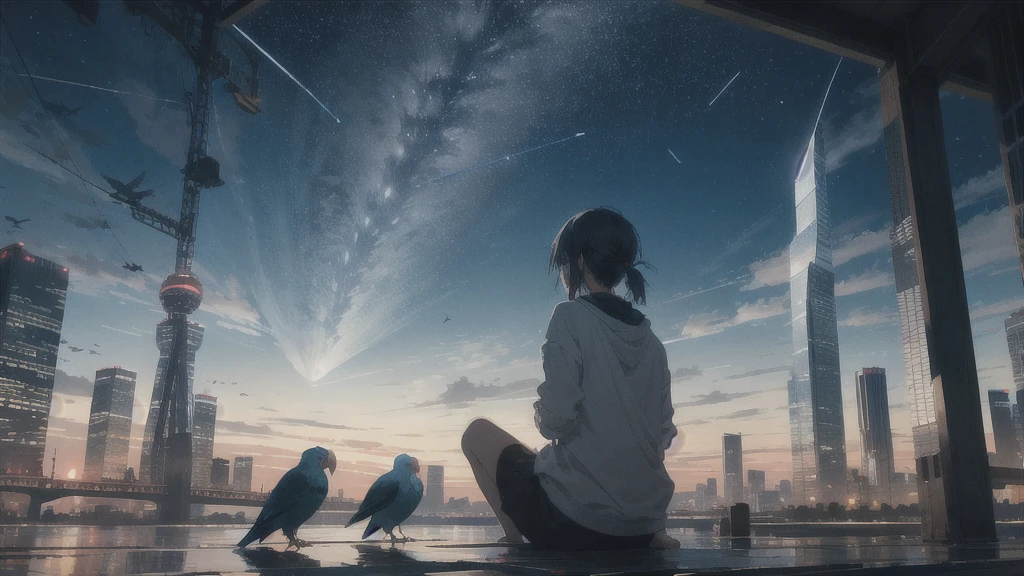 真っ暗なnight空,Octane, star (null), scenery, Blue parakeet,The acoustic guitar is in front of the body.,star, night, One Girl, Back view, alone, Outdoor, city,river,Blue parakeet,building, cloud, 天のriver, Sitting with knees held at chest height,silhouette