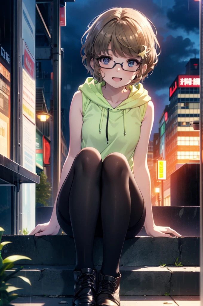 tomoekoga, Chie Koga, short hair, Brown Hair, blue eyes, Hair clip happy smile, smile, Open your mouth,Sleeveless hoodie,Black-rimmed glasses shorts,black tights,short boots,night,Hiding in a roofed building,Sitting on the steps of a building,night,rain,So that the whole body goes into the illustration,
Break indoors, Alley,
壊す looking at viewer, Systemic
break (masterpiece:1.2), Highest quality, High resolution, unity 8k wallpaper, (figure:0.8), (Beautiful attention to detail:1.6), Highly detailed face, Perfect lighting, Highly detailed CG, (Perfect hands, Perfect Anatomy),