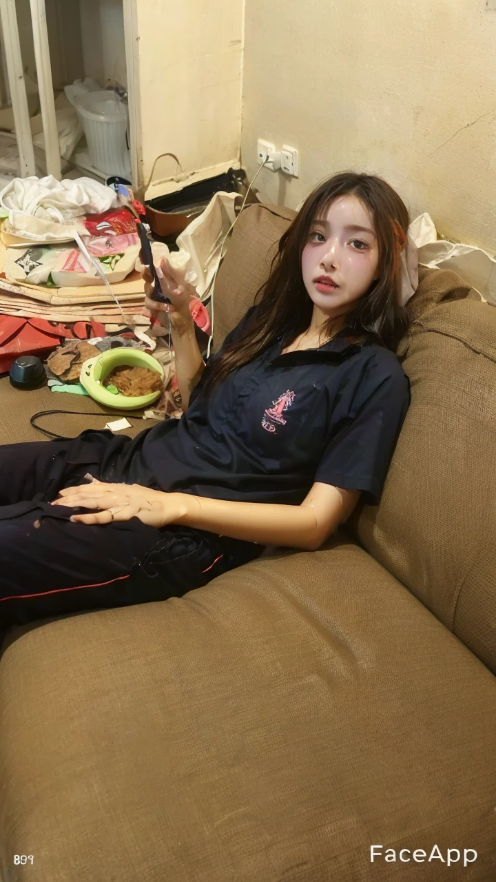 Songkran, wet street , A very realistic girl, wet soaked, drop, wet clothes, wet skin, wet hair, 8k, Masterpiece, realistic, beautiful,purple efficiency,Navy trousers,wet:1.5,dirty white powder