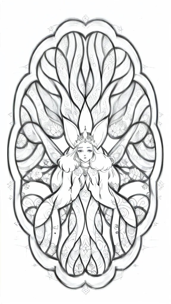 Bunny girl, 4k, black and white drawing of circular design, intricate thin lines, centering radial design, coloring pages, simplified zentangle, coloring book outline, black and white only, no outline, intricate designs, coloring book, celtic design, intricate lines, no gradients